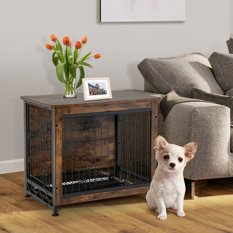 Wooden Dog Crate Furniture with Double Door and Tray-Brown