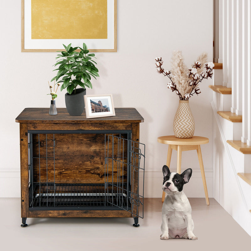 Wooden Dog Crate Furniture with Double Door and Tray-Brown