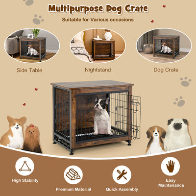 Wooden Dog Crate Furniture with Double Door and Tray-Brown