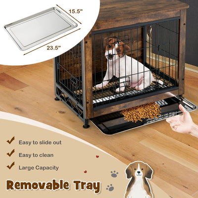 Wooden Dog Crate Furniture with Double Door and Tray-Brown