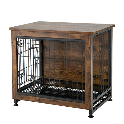 Wooden Dog Crate Furniture with Double Door and Tray-Brown