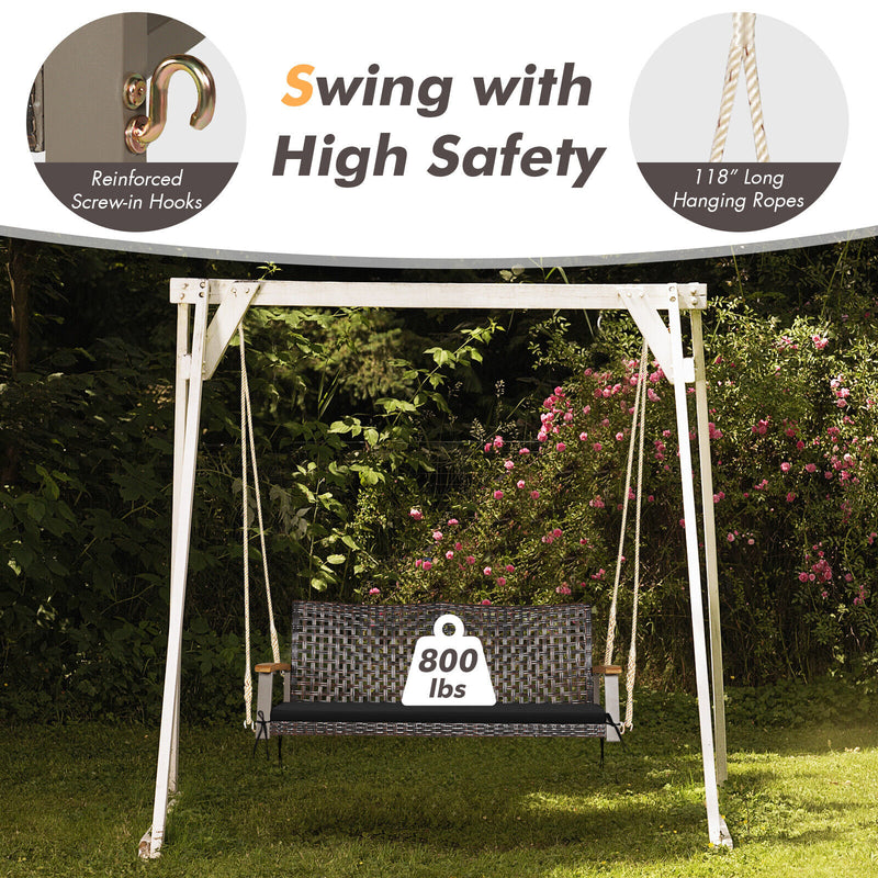 2-Person Rattan Hanging Porch Swing Chair-Black