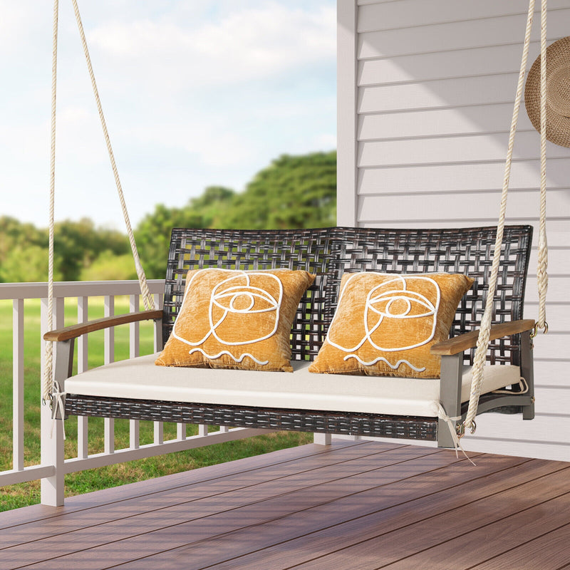 2-Person Rattan Hanging Porch Swing Chair-Off White