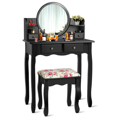 Makeup Vanity Table Set Girls Dressing Table with Drawers Oval Mirror-Black