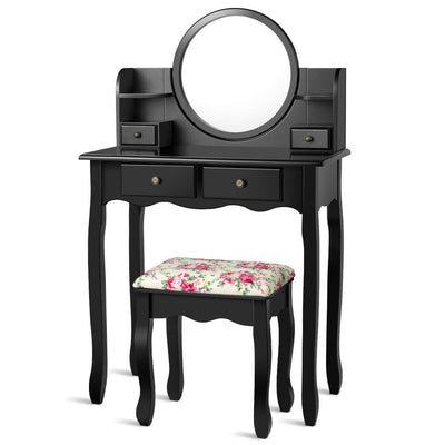 Makeup Vanity Table Set Girls Dressing Table with Drawers Oval Mirror-Black