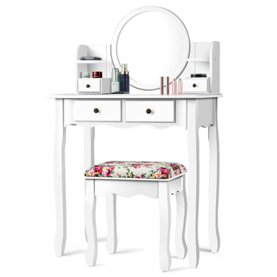 Makeup Vanity Table Set Girls Dressing Table with Drawers Oval Mirror-White