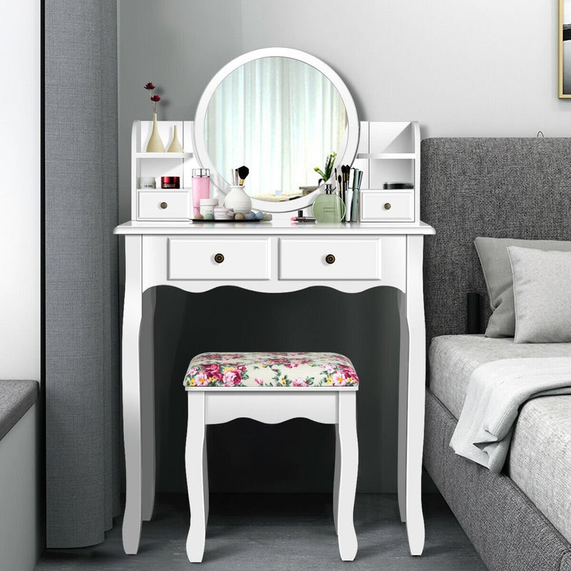 Makeup Vanity Table Set Girls Dressing Table with Drawers Oval Mirror-White