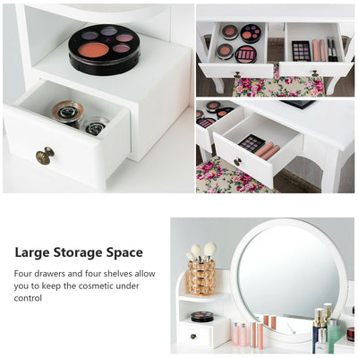 Makeup Vanity Table Set Girls Dressing Table with Drawers Oval Mirror-White