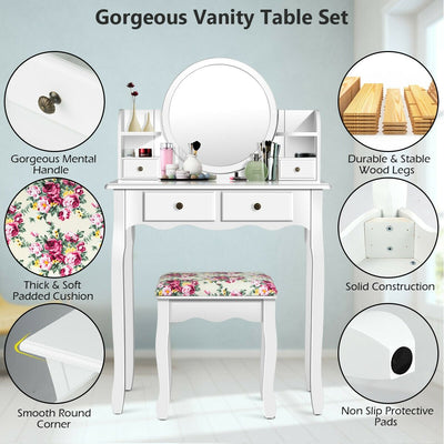 Makeup Vanity Table Set Girls Dressing Table with Drawers Oval Mirror-White