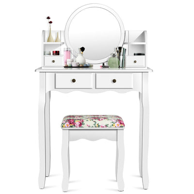 Makeup Vanity Table Set Girls Dressing Table with Drawers Oval Mirror-White