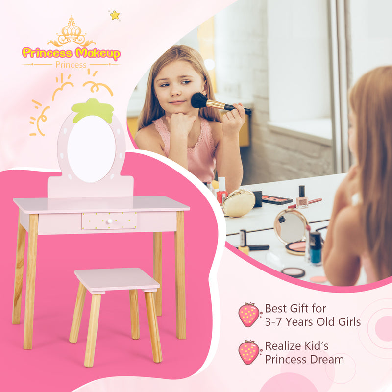 2-in-1 Children Vanity Table Stool Set with Mirror-Pink