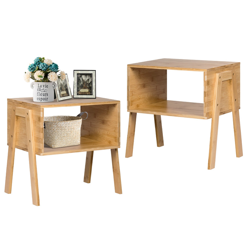 2 Pieces Bamboo Nightstand Sofa Table with Storage Shelf