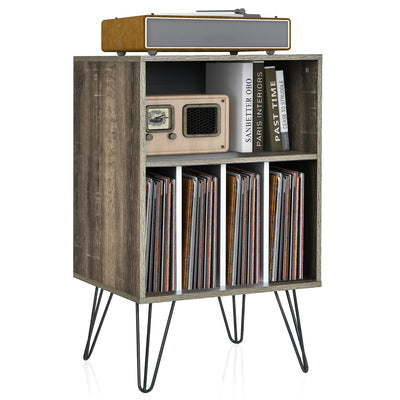 Freestanding Record Player Stand Record Storage Cabinet with Metal Legs-Gray