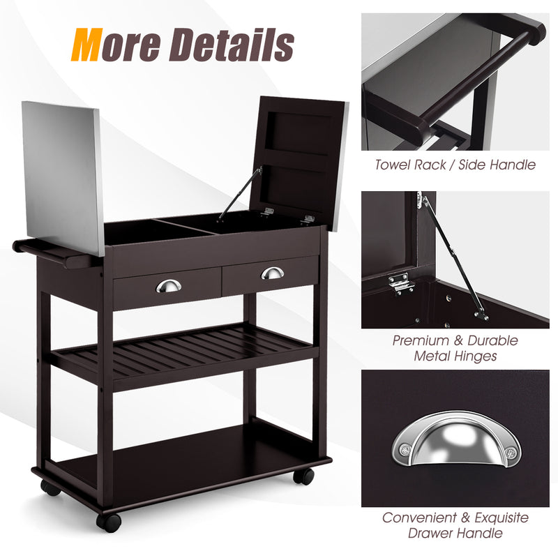 Stainless Steel Mobile Kitchen Trolley Cart With Drawers & Casters-Brown