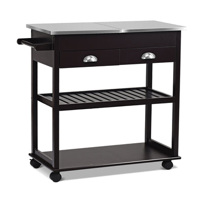 Stainless Steel Mobile Kitchen Trolley Cart With Drawers & Casters-Brown