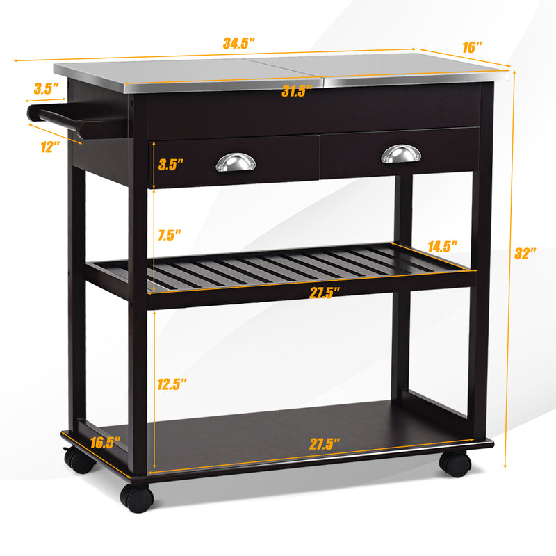 Stainless Steel Mobile Kitchen Trolley Cart With Drawers & Casters-Brown