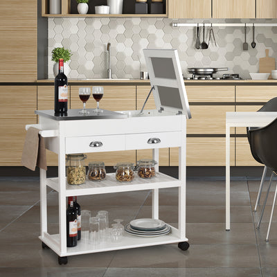 Stainless Steel Mobile Kitchen Trolley Cart With Drawers & Casters-White