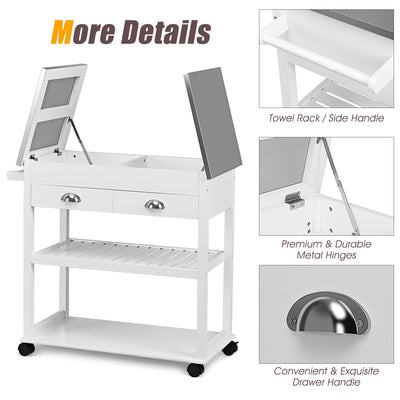 Stainless Steel Mobile Kitchen Trolley Cart With Drawers & Casters-White