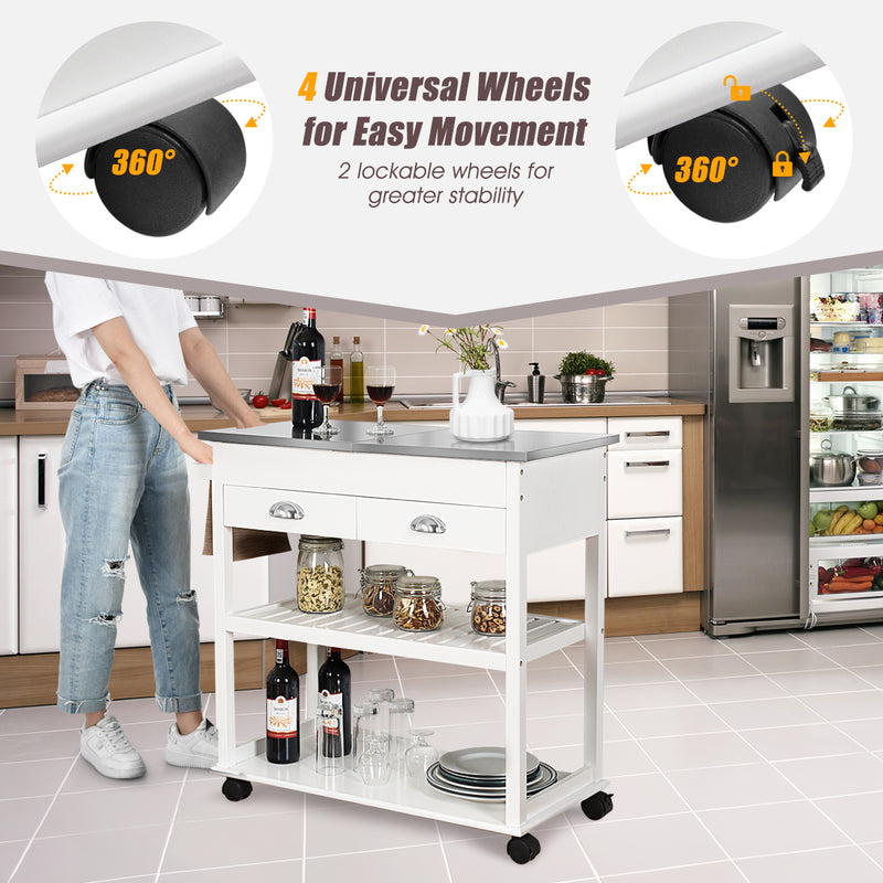 Stainless Steel Mobile Kitchen Trolley Cart With Drawers & Casters-White