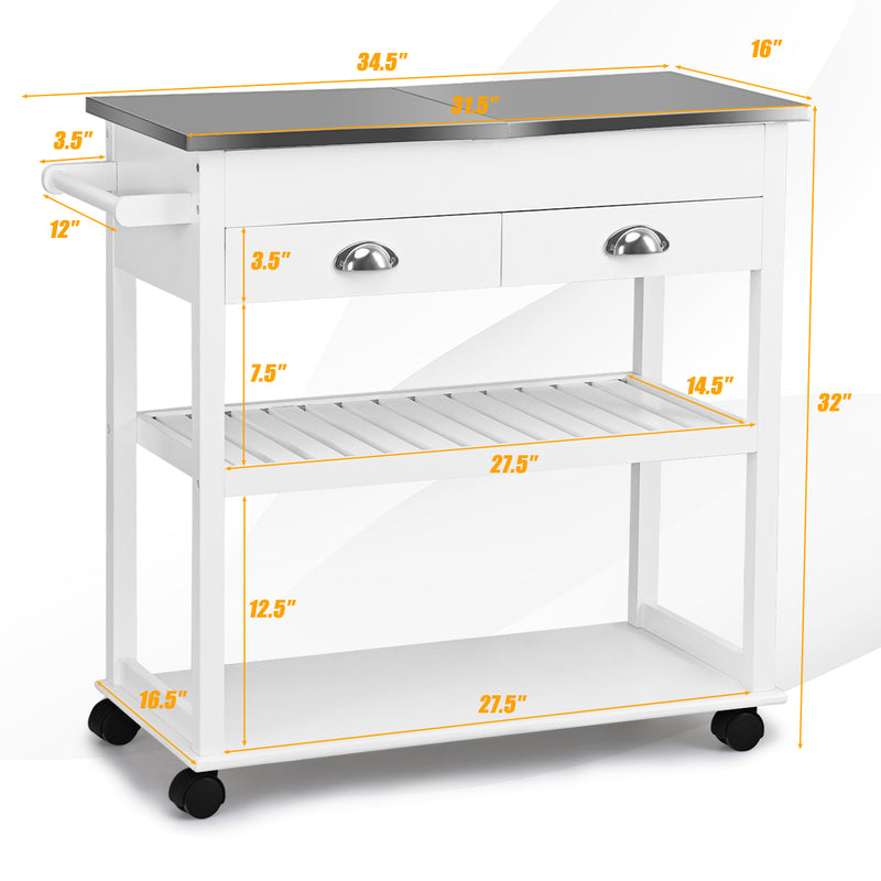 Stainless Steel Mobile Kitchen Trolley Cart With Drawers & Casters-White