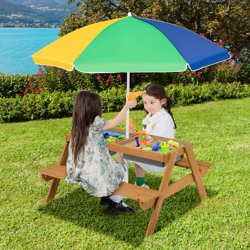 3-in-1 Kids Outdoor Picnic Water Sand Table with Umbrella Play Boxes-Yellow