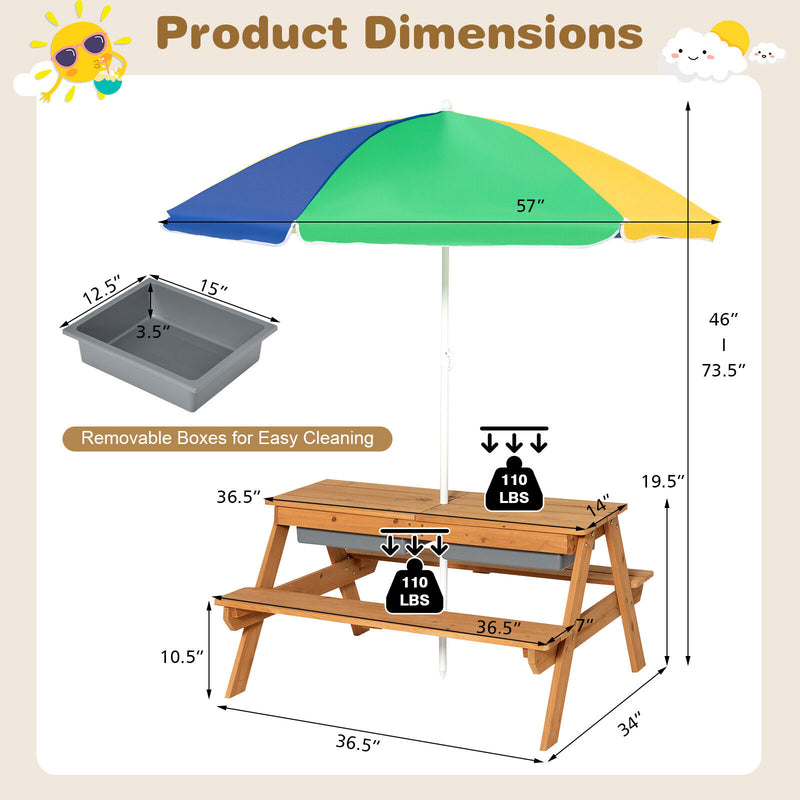 3-in-1 Kids Outdoor Picnic Water Sand Table with Umbrella Play Boxes-Yellow