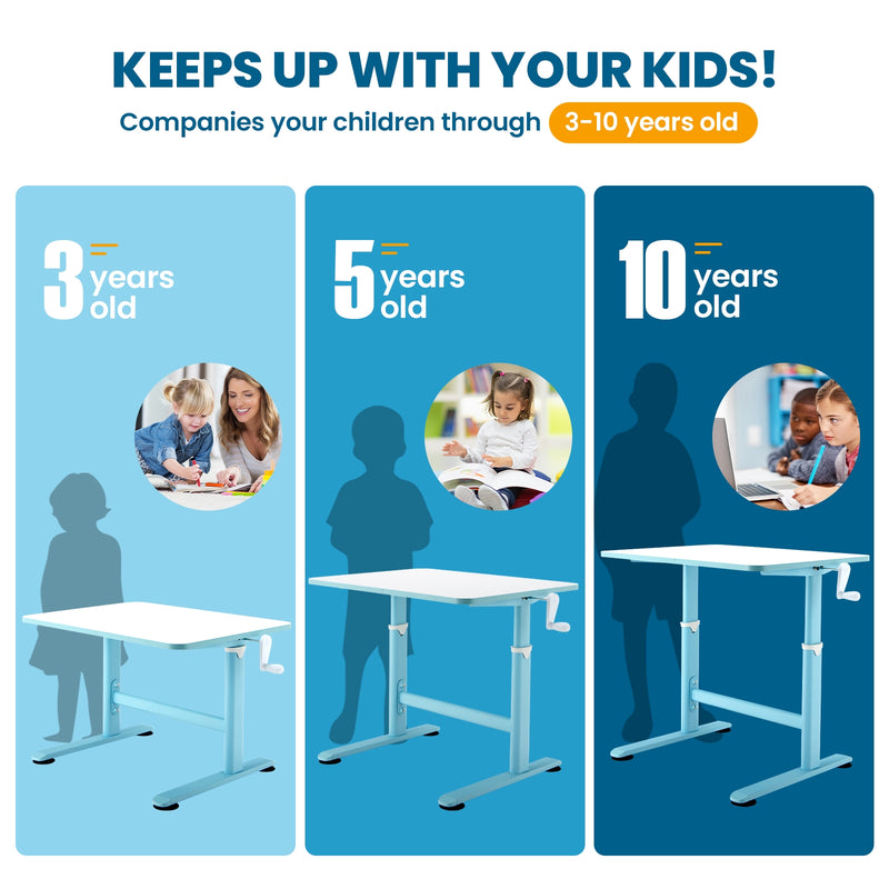 32 x 24 Inch Height Adjustable Desk with Hand Crank Adjusting for Kids-Blue