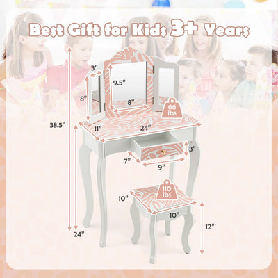 2-in-1 Kids Vanity Table Set with Tri-Folding Mirror-Pink