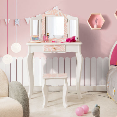 2-in-1 Kids Vanity Table Set with Tri-Folding Mirror-Pink