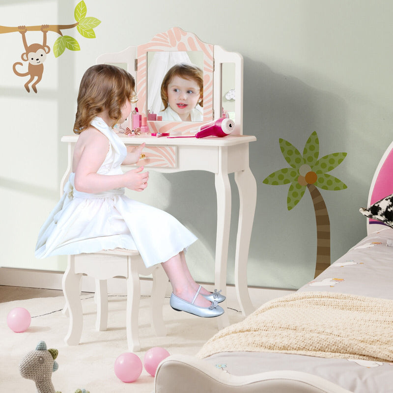 2-in-1 Kids Vanity Table Set with Tri-Folding Mirror-Pink