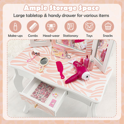 2-in-1 Kids Vanity Table Set with Tri-Folding Mirror-Pink