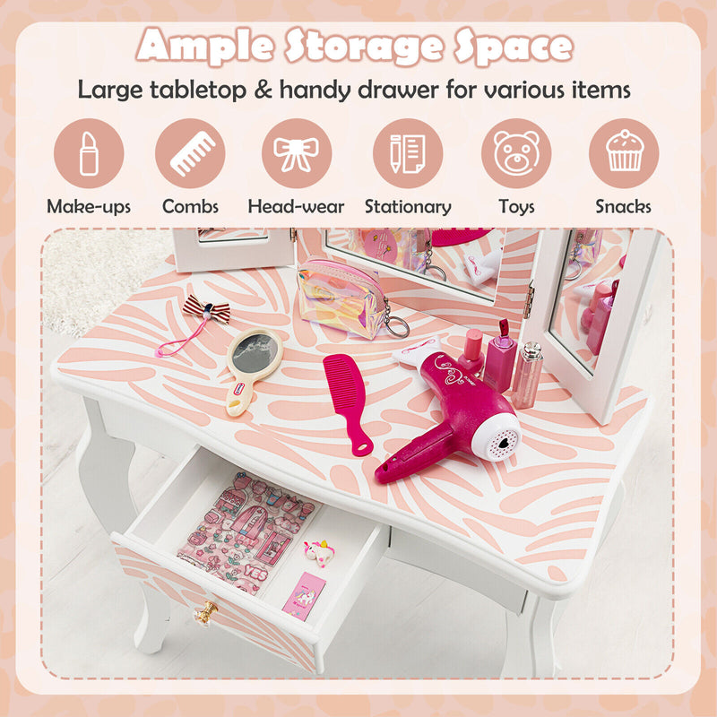 2-in-1 Kids Vanity Table Set with Tri-Folding Mirror-Pink