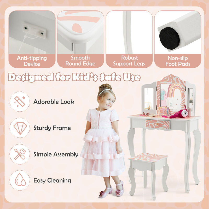 2-in-1 Kids Vanity Table Set with Tri-Folding Mirror-Pink