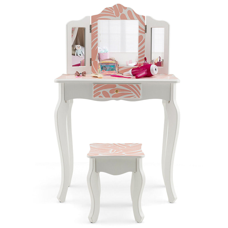 2-in-1 Kids Vanity Table Set with Tri-Folding Mirror-Pink