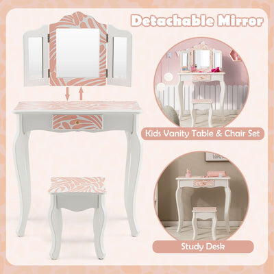 2-in-1 Kids Vanity Table Set with Tri-Folding Mirror-Pink