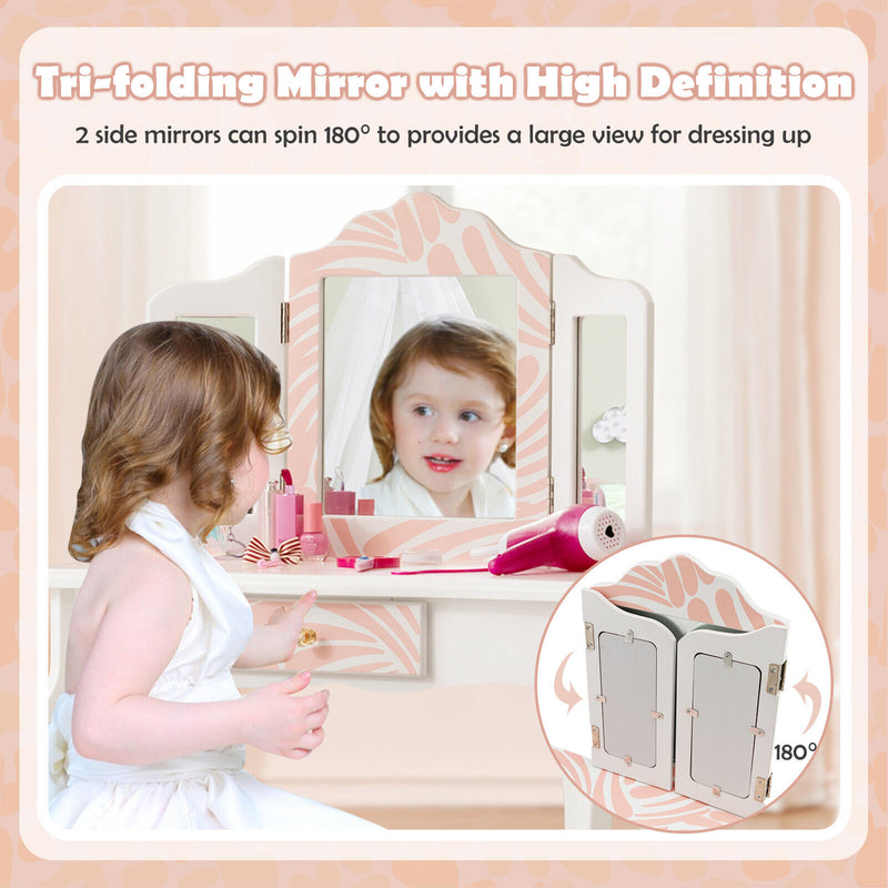 2-in-1 Kids Vanity Table Set with Tri-Folding Mirror-Pink