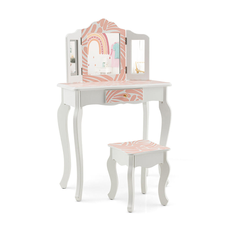 2-in-1 Kids Vanity Table Set with Tri-Folding Mirror-Pink