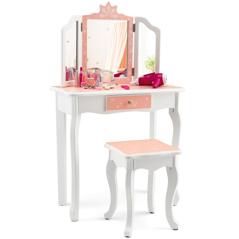 Princess Vanity Table and Chair Set with Tri-Folding Mirror and Snowflake Print-Pink