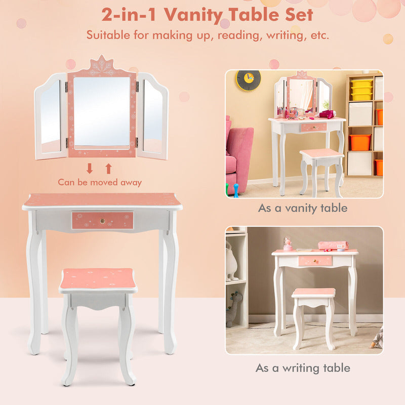 Princess Vanity Table and Chair Set with Tri-Folding Mirror and Snowflake Print-Pink