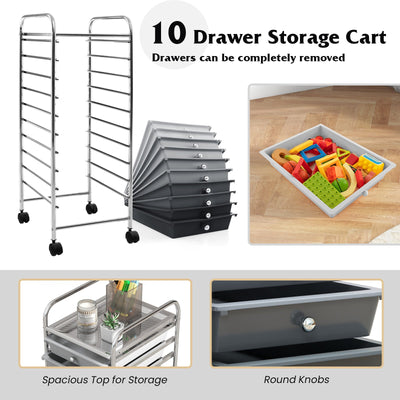 10 Drawer Rolling Storage Cart Organizer with 4 Universal Casters-Gradient Gray