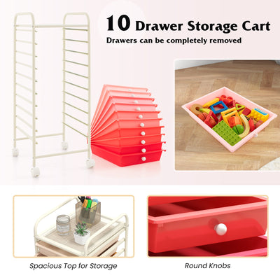 10 Drawer Rolling Storage Cart Organizer with 4 Universal Casters-Gradient Pink