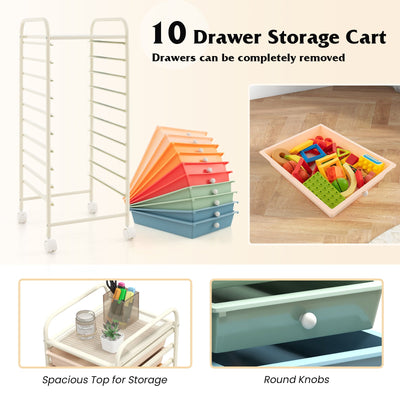 10 Drawer Rolling Storage Cart Organizer with 4 Universal Casters-Macaron Multicolor