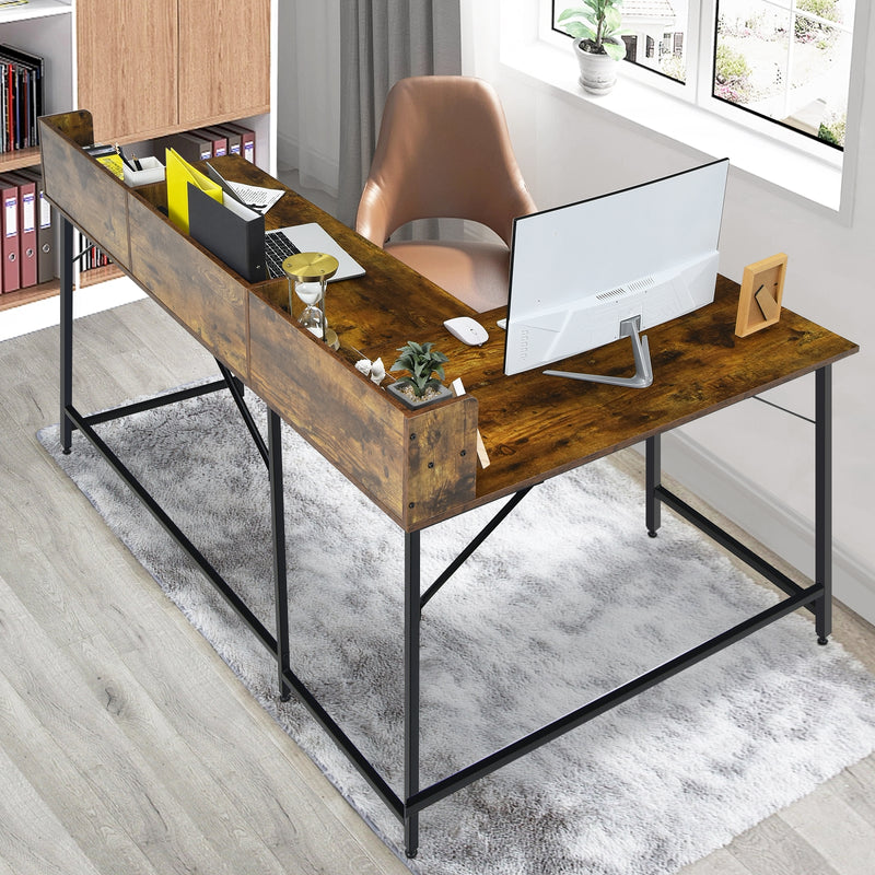 5.5 Inch L-shaped Computer Desk with Bookshelf-Rustic Brown