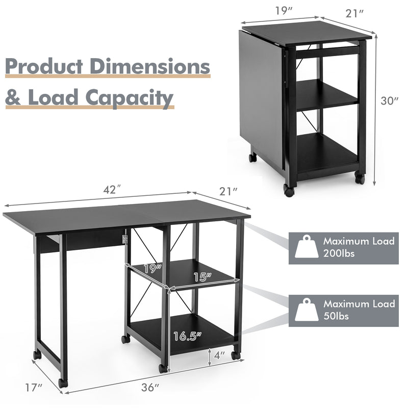 Folding Writing Office Desk with Storage Shelves-Black