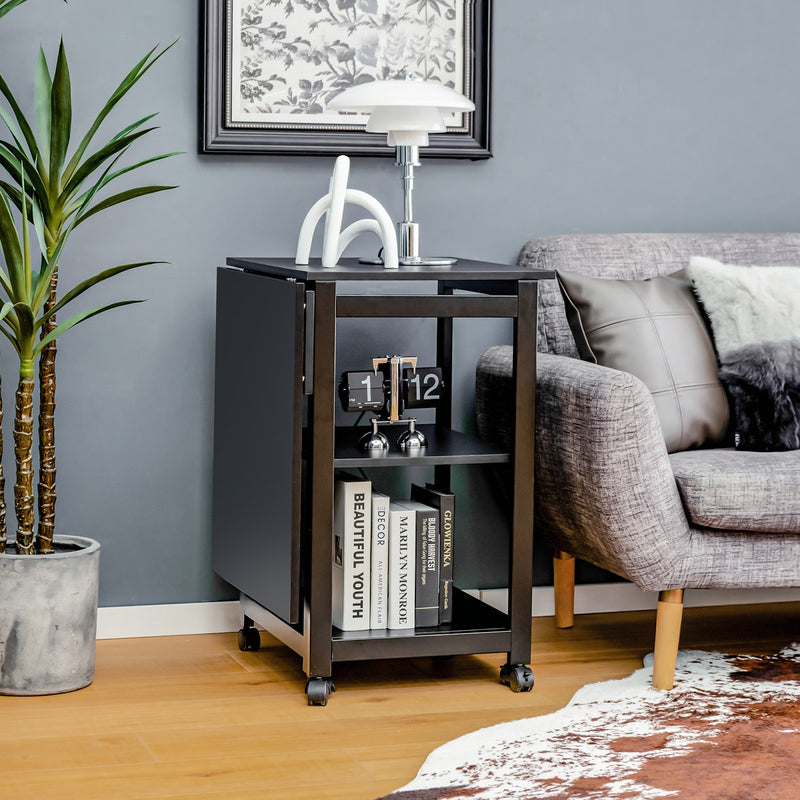 Folding Writing Office Desk with Storage Shelves-Black