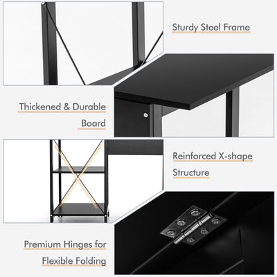 Folding Writing Office Desk with Storage Shelves-Black