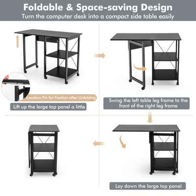 Folding Writing Office Desk with Storage Shelves-Black