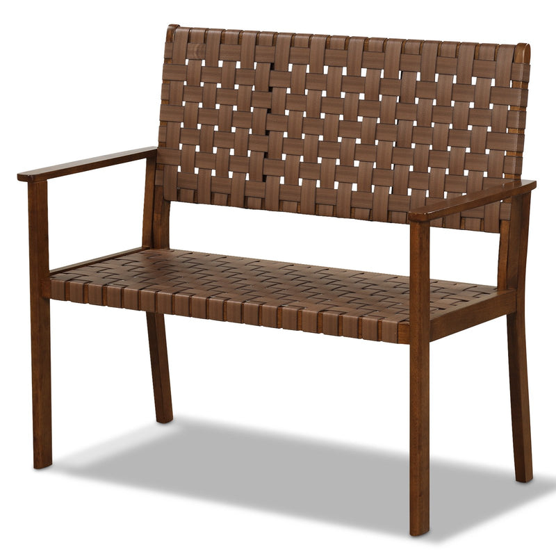 Outdoor All Weather Bench with Solid Rubber Wood Frame and Hand Woven PU Leather-Brown