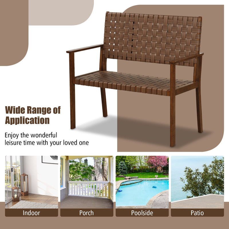 Outdoor All Weather Bench with Solid Rubber Wood Frame and Hand Woven PU Leather-Brown