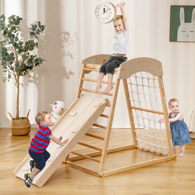 6-in-1 Jungle Gym Wooden Indoor Playground with Double-Sided Ramp and Monkey Bars-Natural